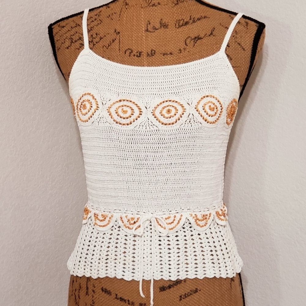 Pamplona White Crochet Wood Bead Detailing Drawstring Top Size Large